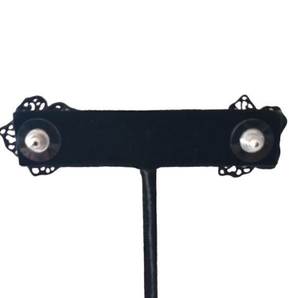 Black Flower Earrings Enamel Filigree Metal Rhinestones Lace Victorian Goth Vtg. - Picture 9 of 14